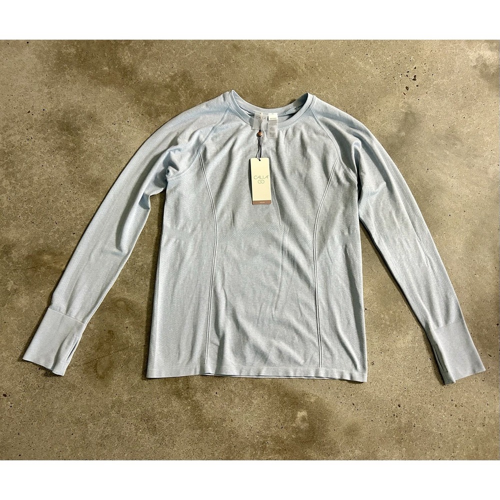 CALIA Focus Pointelle Seamless Long Sleeve Shirt NWT Pale Blue Spacedye L